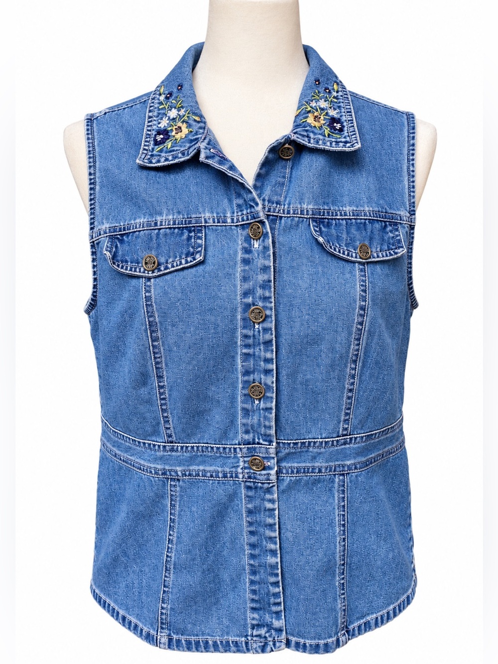Vintage Bobbie Brooks Embroidered Denim Vest Medium -Floral Collar Boho
